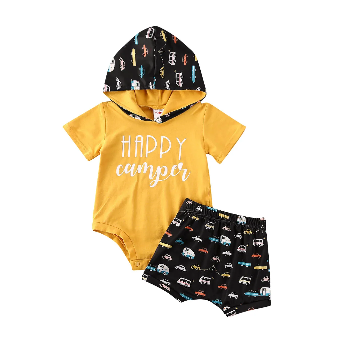 0-24M Summer Casual Toddler Baby Girls Boys Clothes Sets HAPPY camper Letter Print Hooded Romper Tops+Shorts | Детская одежда и