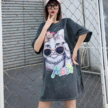 

Cartoon Shine Tshirts Cat Print Appliques Silver Glitter 2020 Summer Loose Oversized Harajuku Tee Beading Streetwear Tops