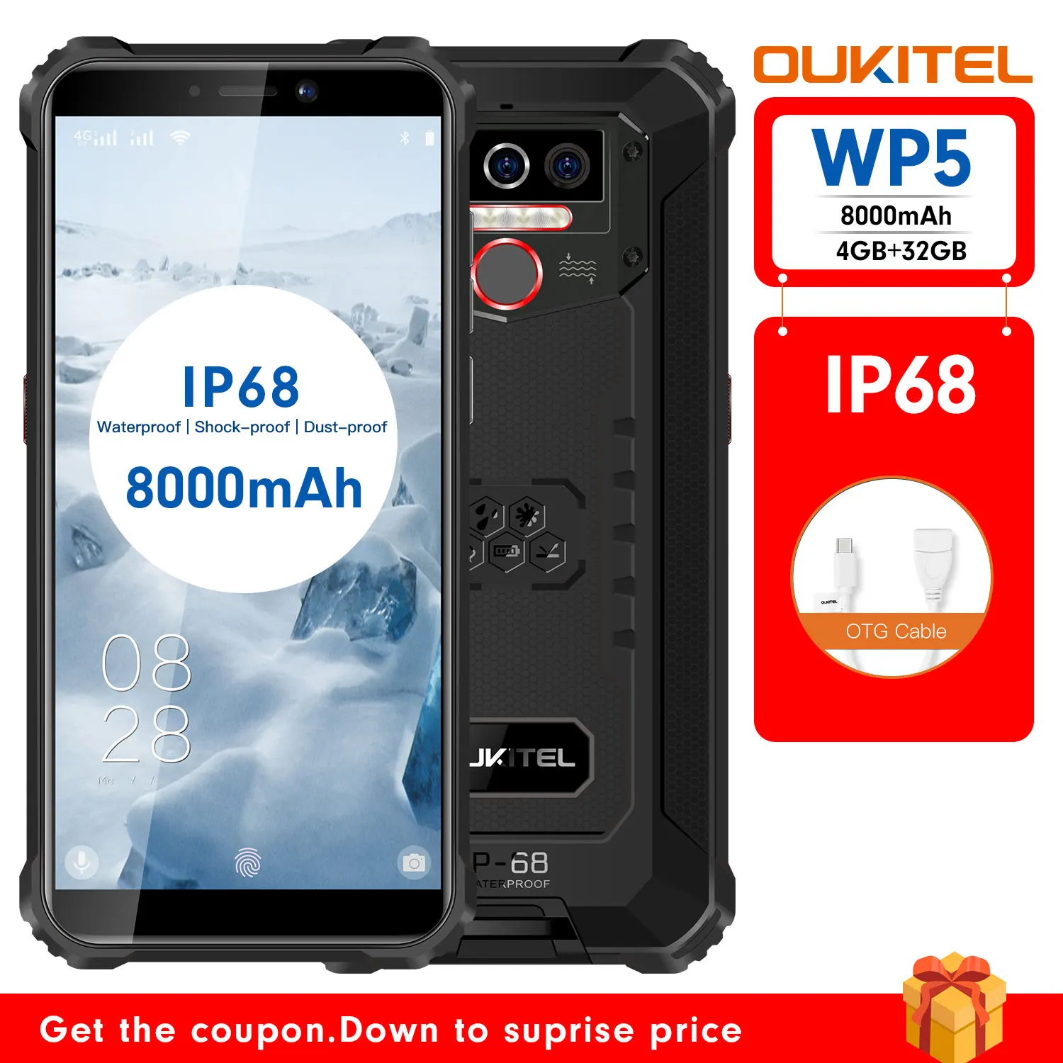 OUKITEL WP5 IP68 Waterproof Android 9.0 Phones 5.5''HD+ 18:9 Quad Core 4GB 32GB 13MP MT6761 8000mAh Tri-proof 5V/2A Mobile Phone OUKITEL WP5 IP68 Waterproof Android 9.0 Phones 5.5''HD+ 18:9 Quad Core 4GB 32GB 13MP MT6761 8000mAh Tri-proof 5V/2A Mobile Phone