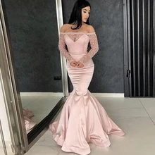 Cheap Eightree Off The Shoulder Mermaid Prom Dresses 2020 New Pink Beading Long Sleeve Floor Length Formal Evening Dress Party Gowns Cheap Eightree Off The Shoulder Mermaid Prom Dresses 2020 New Pink Beading Long Sleeve Floor Length Formal Evening Dress Party Gowns