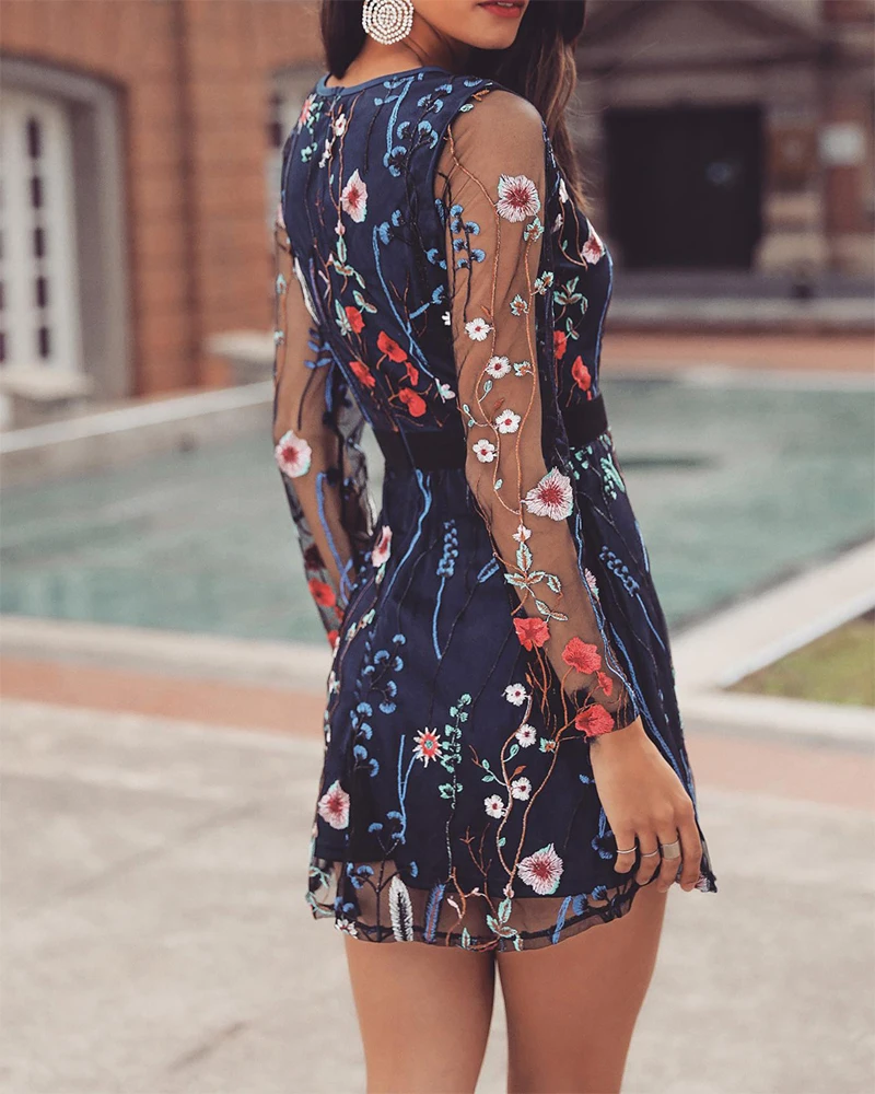 Fashion Floral Embroidery Mesh Long 
