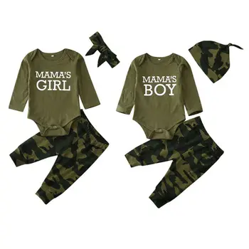 

0-12M Baby MAMA'S BOY/GIRL Clothes Sets Letter Print Romper Top Camo Pants Headband/Hats Clothes 3PCS Outfit