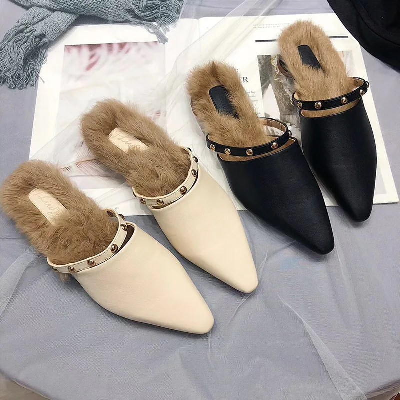 

Outside Fashion Sexy Fluffy Fur Slippers Women Mixed Colors Rivet Sewing Closed Toe Ladies Slides Flat With Low Winter Shoes