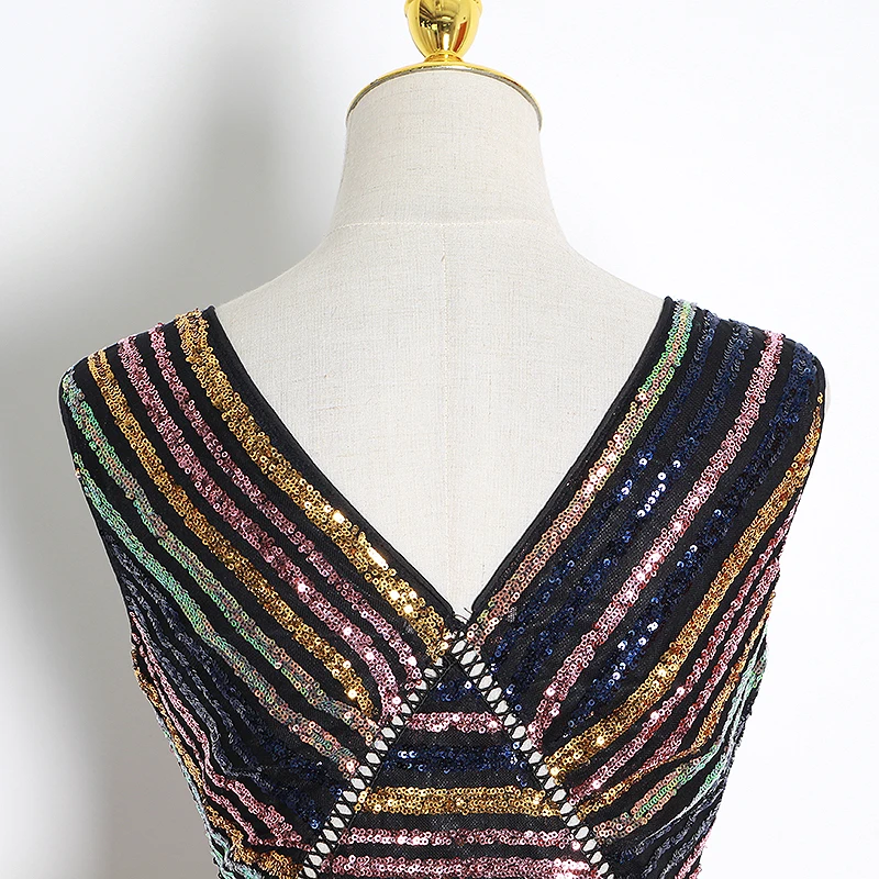 细节 (5).JPG TWOTWINSTYLE Patchwork Sequined Striped Party Dresses For Female V Neck Sleeveless High Waist Cascading Ruffle Womens Dress New