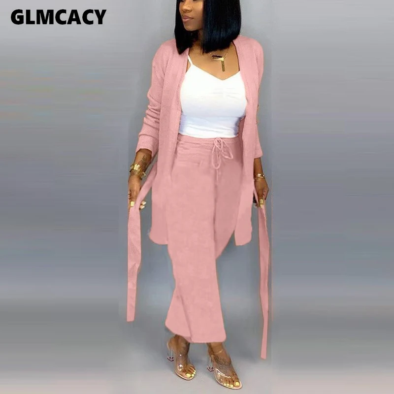 

Women Two Piece Matching Sets Long Sleeve Top Cardigan & High Waist Wide Leg Bodycon Pants Spring Fall Fashion Suit