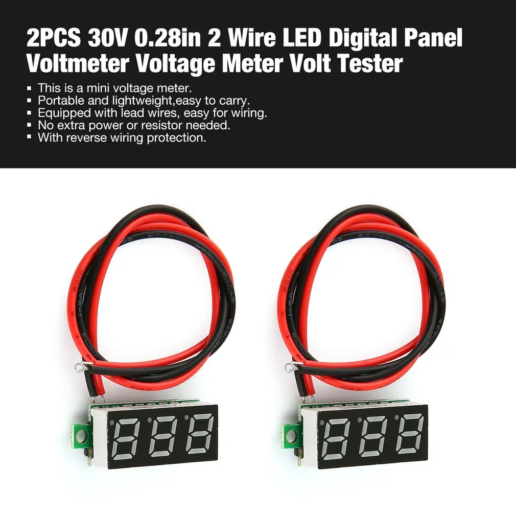 1/2pcs 2.5-30V 0.28in 2 Wire LED Digital Display Panel Voltmeter Electric Voltage Meter for Auto Battery Car Motorcycle