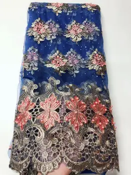 

African Beaded 3D Tulle Lace Fabric 2019 High Quality blue African French Lace Fabric Nigerian Embroidery Tulle fabric FJU22