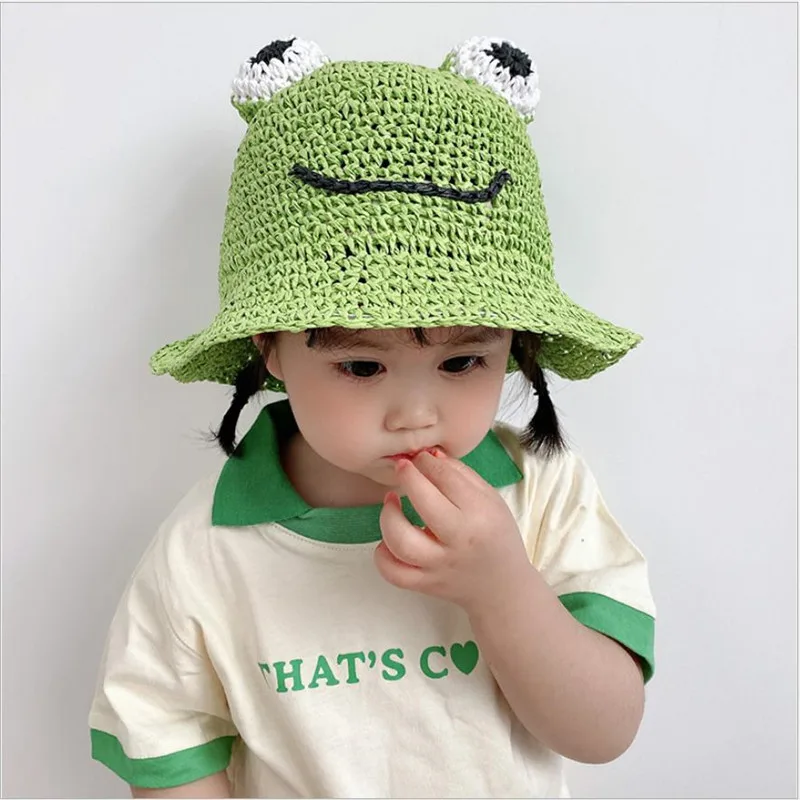 Cute Big Eyes Frog Straw Hat Girls Summer Sun-proof Sunshade Baby Concave Knit Beanies Children Cool Fisherman Basin Hats | Аксессуары