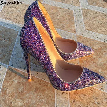 

Bling Sequins Women Wedding Shoes Sexy High Heels Pointed Toe Evening Party Pumps Thin Heels Purple Classics Zapatos de Mujer