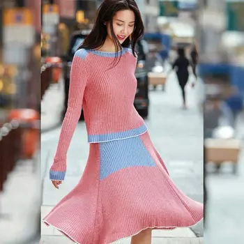 

2019 Women sweater suits 2 piece Women's Street Fashion Sweater Pullover + Umbrella Skirt Contrast Knit Slim Sweater Set
