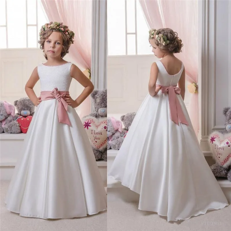 DZdress A Line Wedding Kids Pageant Lace Flower Girl Dress for Wedding Vintage Sleeveless with Belt 