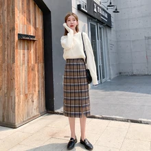 Осенняя длинная юбка в клетку с эластичной резинкой на талии, шерстяная юбка средней длины с разрезом, Корейская шикарная винтажная зимняя прямая юбка
