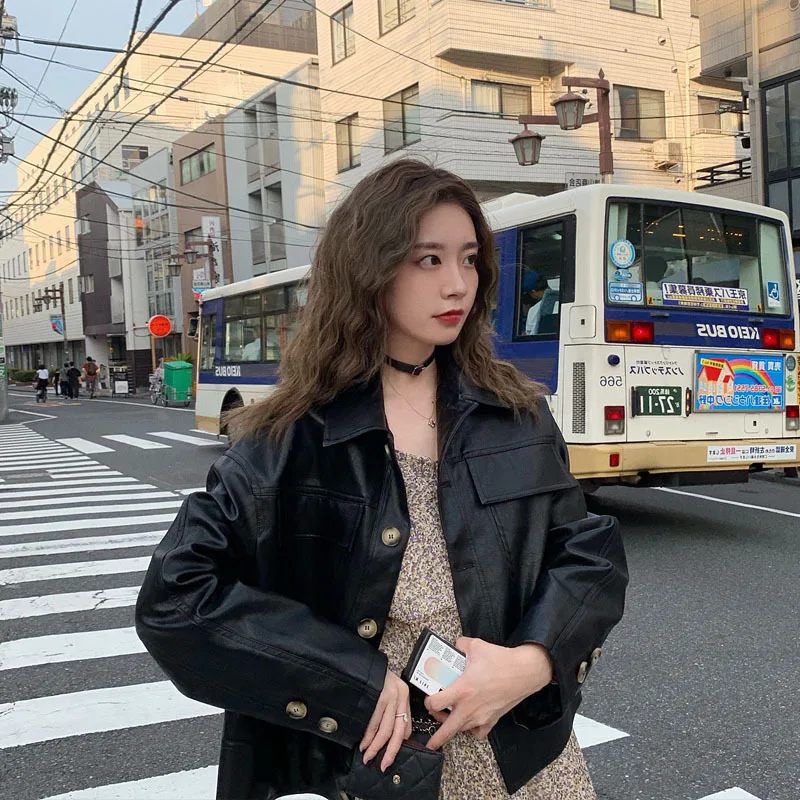 

Leather Coat 2019 Early Autumn New Style WOMEN'S Dress Loose-Fit PU Jacket Long Sleeve Short Jacket Short-height Black And White
