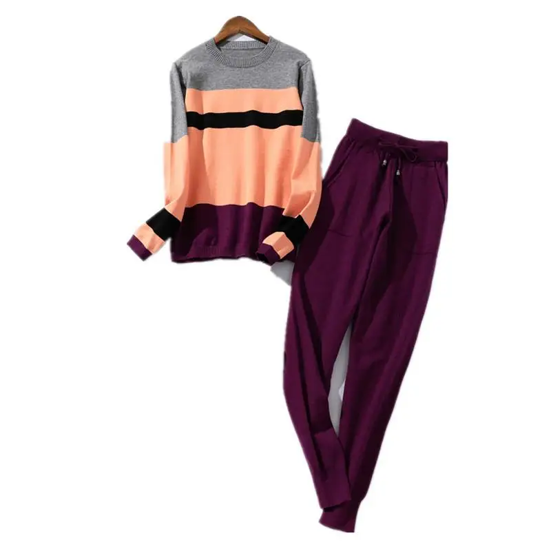 

Nice Women Knitted Tracksuit Pullove Sweater And Pants Knitted 2 Piece Set Casual Sportwear Striped Sweatsuit