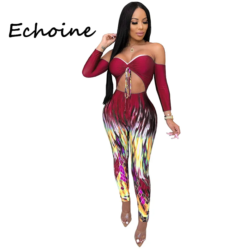 

Echoine Women Sexy Cut Out Print Floral Slinky Bodycon Strapless Off Shoulder Backless Rompers Womens Jumpsuit