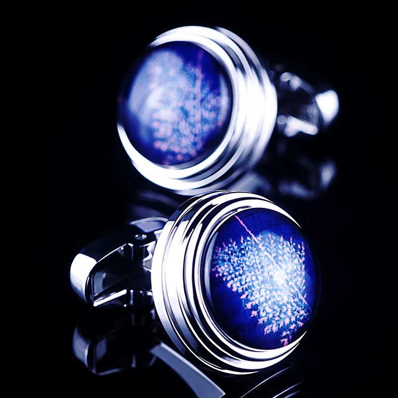 Beautiful  Round Blue Snowflake Stone With flower Rhodium-Plated Cufflinks For Mens Luxury Quality Jewelry