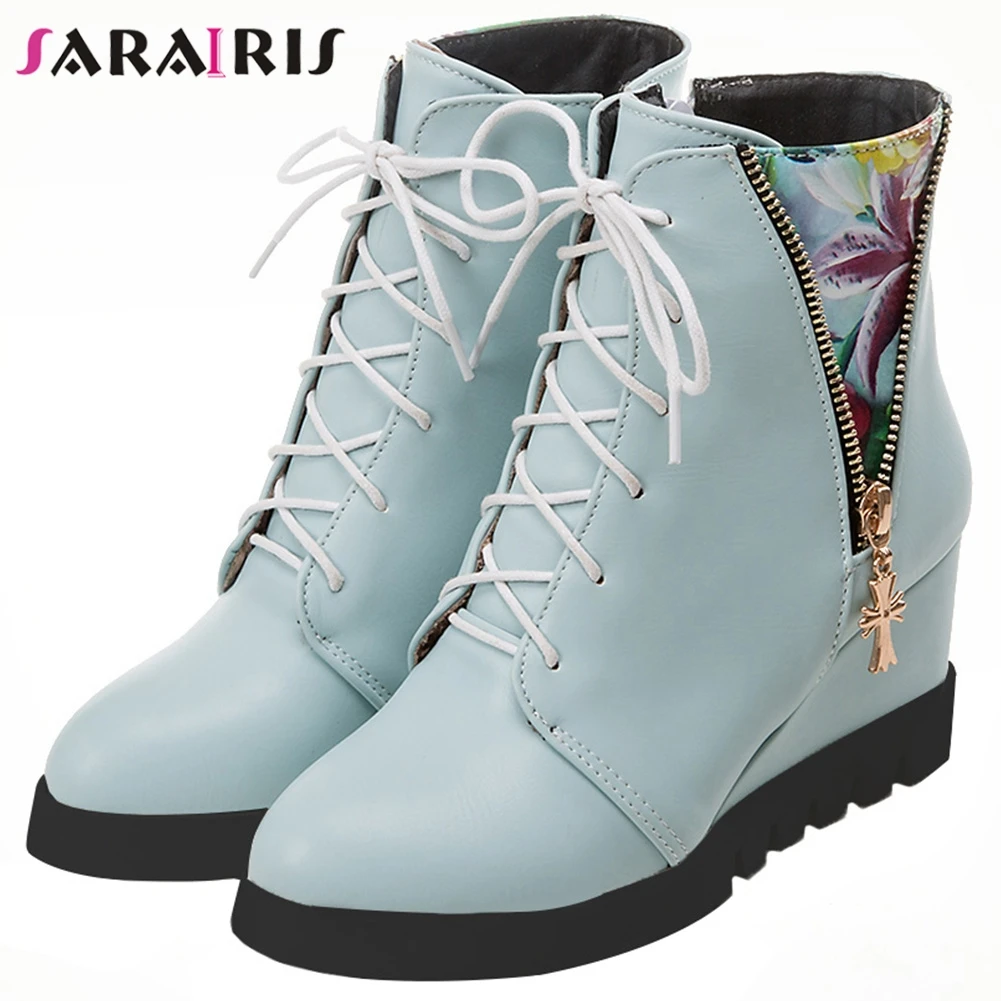 

SARAIRIS Large Size 33-44 Lady Wedges High Heels Ankle Boots New Fashion Zipper Non-slip Winter Boots Women Lace Up Shoes Woman