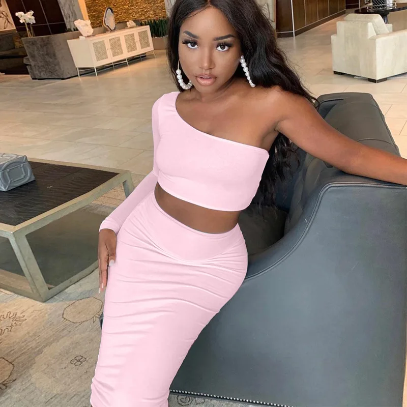 

Sexy Single-sleeve Cropped Short Top Slim Fit Hip Skirt 2-piece Set for Women Outfit Female Clothing