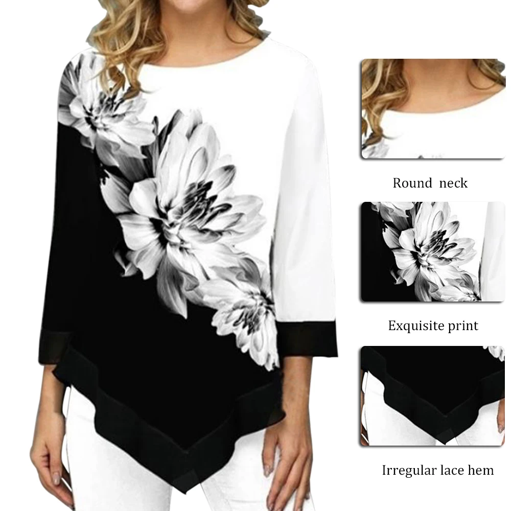 Женская Весенняя Асимметричная футболка, повседневная с цветочным принтом, с круглым вырезом, женские рубашки с рукавом три четверти, свободные женские футболки, топы размера плюс