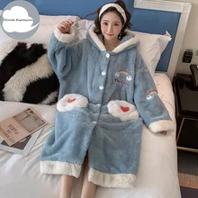 Новая зимняя женская пижама с капюшоном и длинными рукавами, бархатная Свободная Женская пижама с рисунком облаков, домашняя одежда