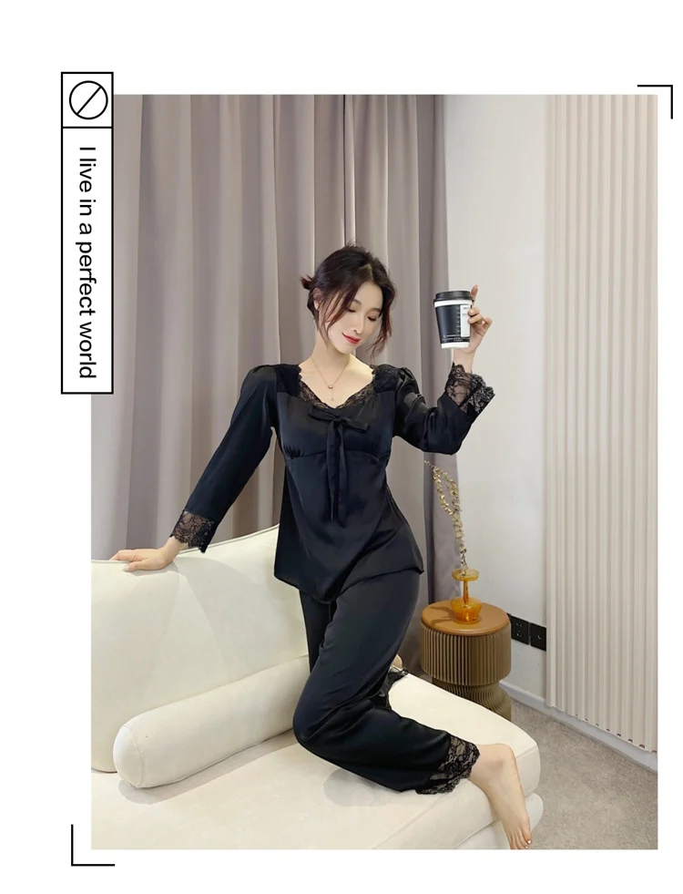 2022 Spring Long Sleeve Sexy Lace V-neck Silk Satin Pajama Sets Women French Court Sleepwear Suit Homewear Pijama Mujer Clothes sexy sleepwear for women