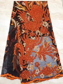 

7 colors (5yards/pc) Very beautiful African velvet net lace fabric fashion orange black French lace fabric with sequins FZZ803