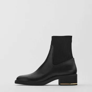 

Fashion Comfortable Socks Ankle Boots Stretch Black Thick Heel Low Tube Pointed Toe Chelsea Boots Women Shoes Zapatos De Mujer