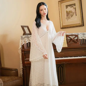 

Autumn New Women Nightdress Long-sleeve Stitching Ruffle V-neck Lace Nightgown Sexy Palace Print Loose Home Princess Sleepdress