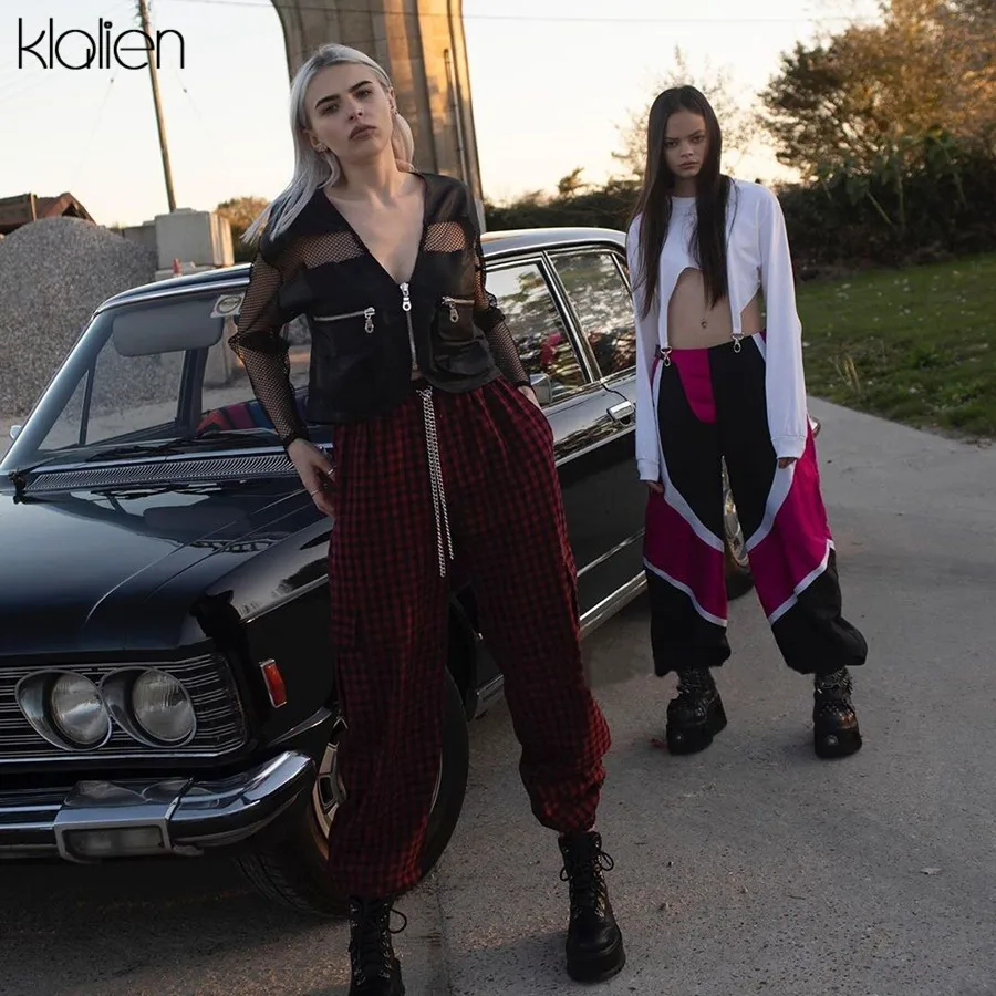 KLALIEN трендовые красные клетчатые брюки-карго с высокой талией Харадзюку повседневные уличные Женские Брюки с карманами