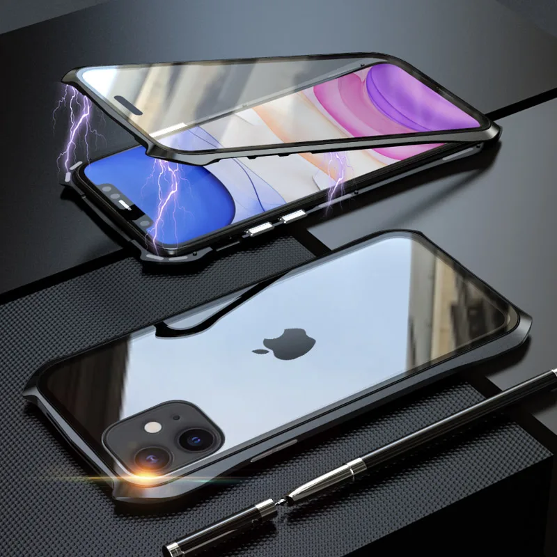 Магнитный адсорбционный Роскошный металлический чехол Бэтмена для iPhone 11/11PRO/11PRO Max двухсторонний металлический магнитный чехол для телефона из закаленного стекла - Цвет: Black
