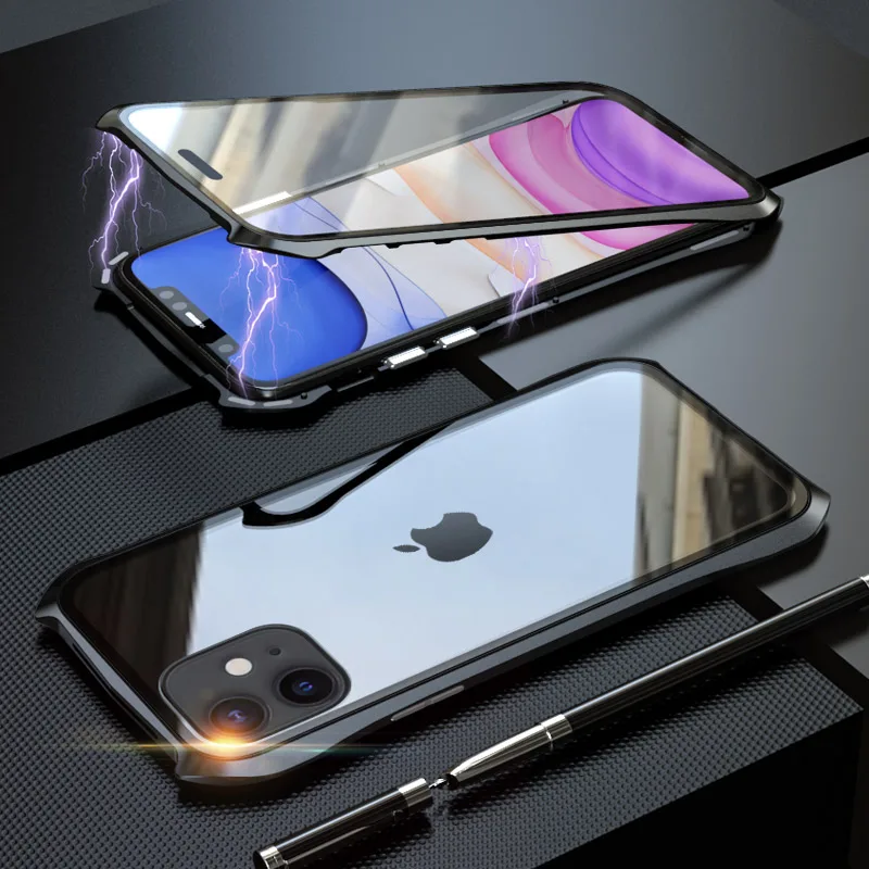 Black Магнитный адсорбционный Роскошный металлический чехол Бэтмена для iPhone 11/11PRO/11PRO Max двухсторонний металлический магнитный чехол для телефона из закаленного стекла - Цвет: Black