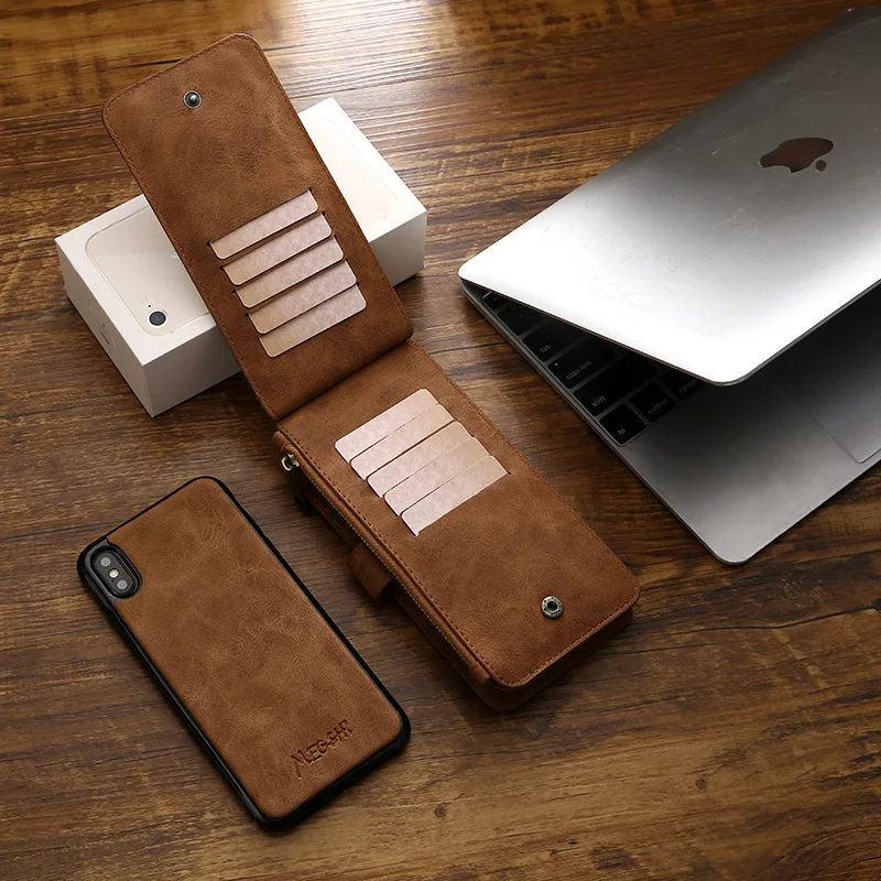 Роскошный многофункциональный кожаный чехол-кошелек для iPhone 6, 7, 8, металлическая молния, XS, XR, съемный чехол для iPhone x