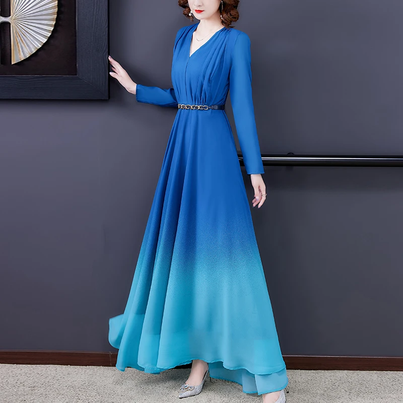 Maxi Dress Women V-neck Long Sleeve 