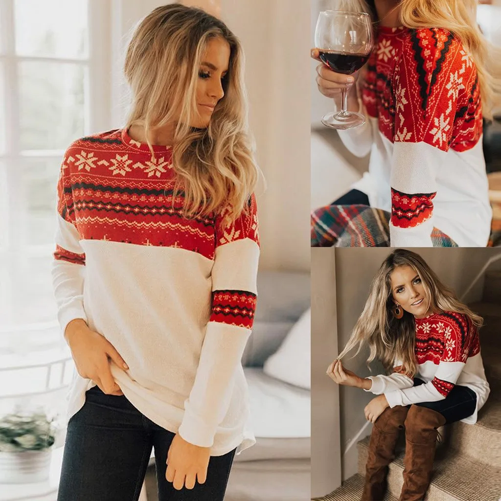 

moda coreana Womens Christmas Red Splice Irregular Sweatshirt Print Pullover Elk Tops Long Sleeve O-Neck Slim FIt Sudadera Mujer