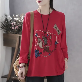 

New Style Embroidered Vintage T shirts Art Spring Loose Casual O neck Long Sleeve T-Shirt for Women korean clothes