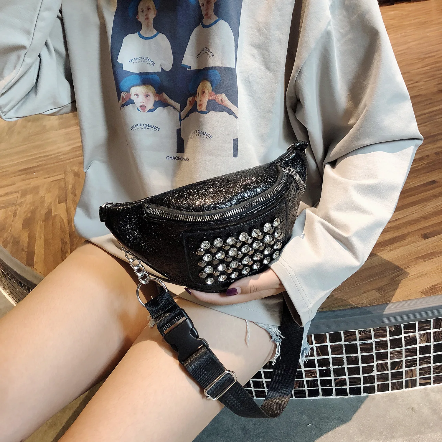 

Rivet Bag Women's 2019 New Style Fashion Korean-style Versatile Fashion Casual Wallet Diamond Set Chest Pack Over-the-shoulder B