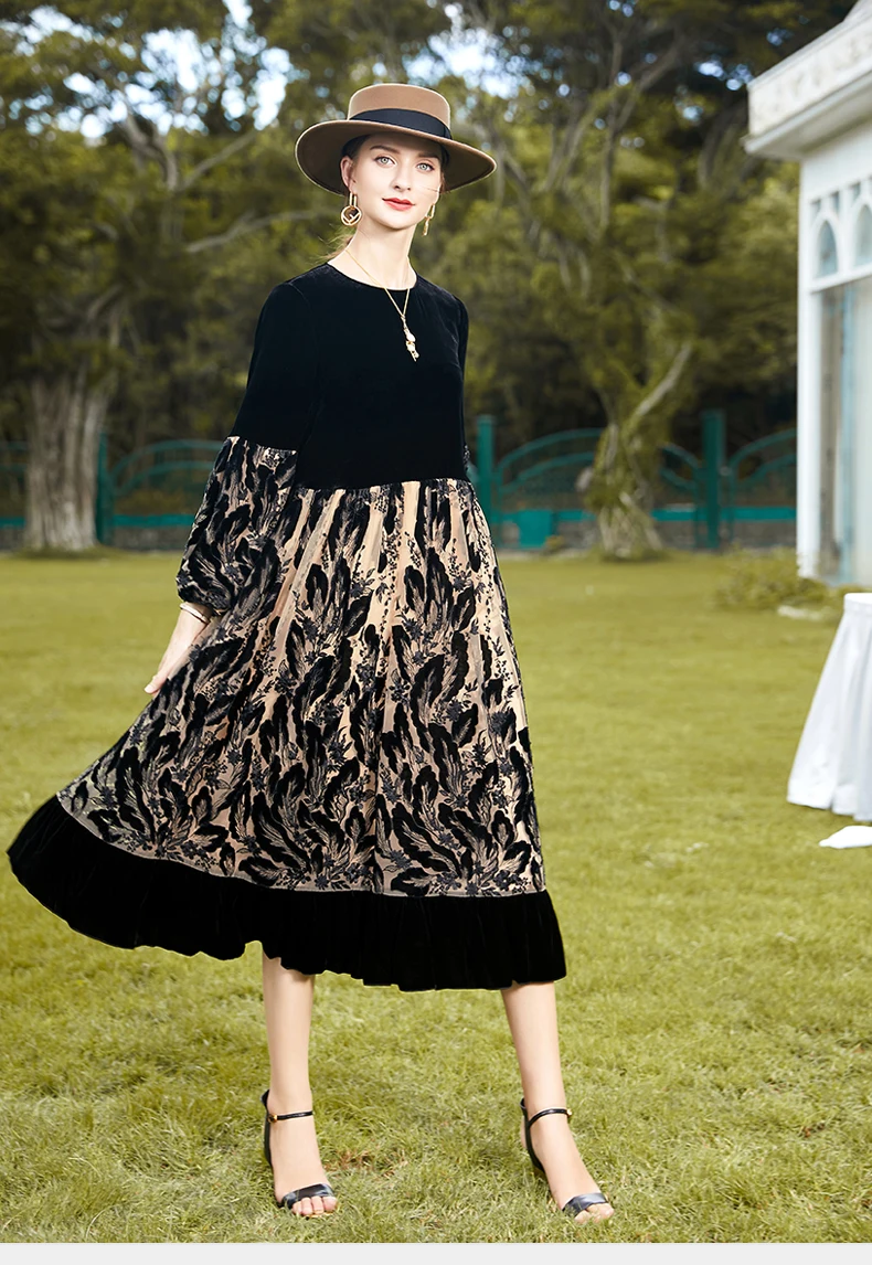 Autumn New Noble Silk Flocking High Waist Dress