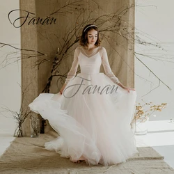 vestidos Simple V-Neck A-Line Wedding Dresses See-Through Organza Long Sleeve Button Bridal Gown robe de mariée свадебное платье