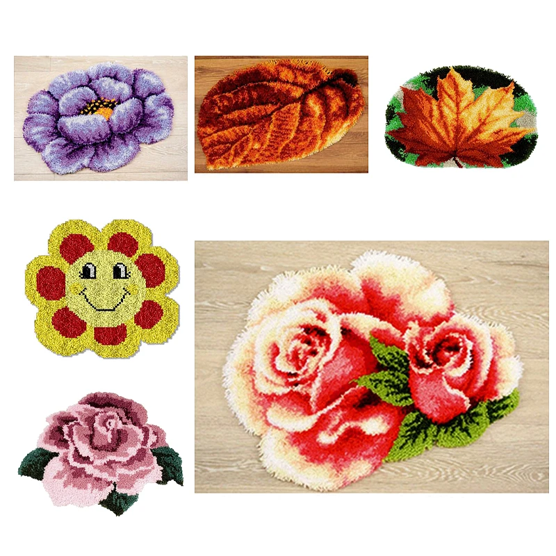 Flower Latch Hooking Rug Kits Carpet Embroidery Pattern Making Cushion Latch Hook Kits for Beginners Kids Adults Living Room , Pink Flower, Size