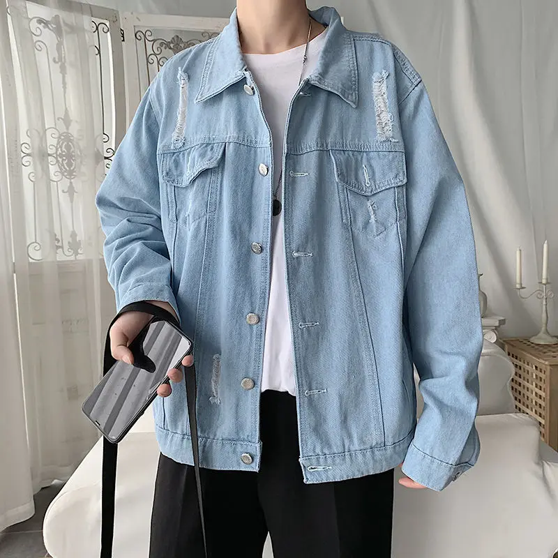 

Ripped Denim Jacket Men's Fashion Solid Color Retro Casual Hole Denim Jacket Men Streetwear Loose Hip Hop Bomber Jacket Men