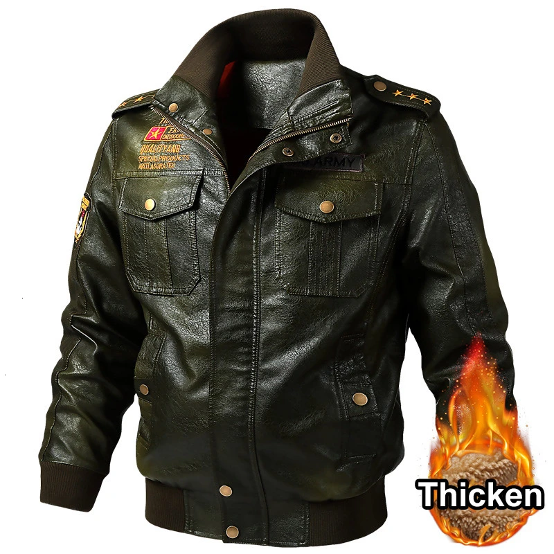 Army Green Thicken Зимняя теплая куртка-бомбер из искусственной кожи, пальто, Мужская мотоциклетная куртка, военная винтажная куртка из искусственной кожи, M-6XL Куртка Jaqueta De Couro - Цвет: Army Green Thicken