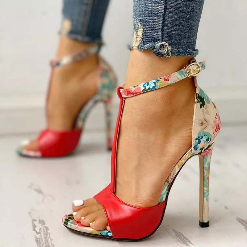 SWQZVT New thin heels women fish mouth open toe summer sexy party pumps women shoes 2020 fashion print vintage ladies sandals (2)
