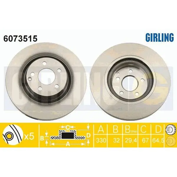 Диск тормозной MERCEDES W211 280-500 02-/C219 280-500 04- передний вент.D=330мм. GIRLING 6073515