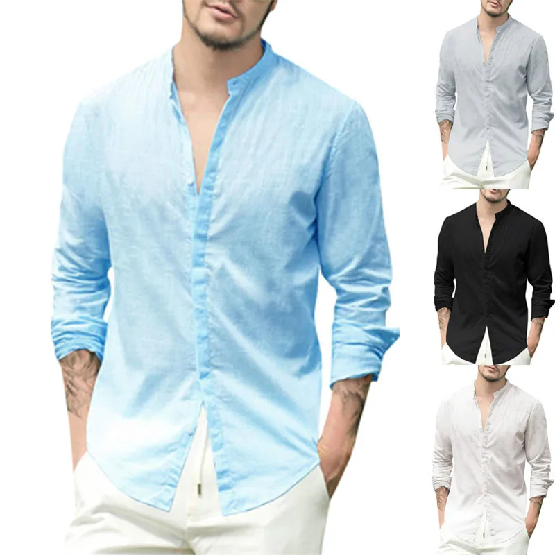 Новые мужские рубашки с длинным рукавом однотонные хлопковые льняные