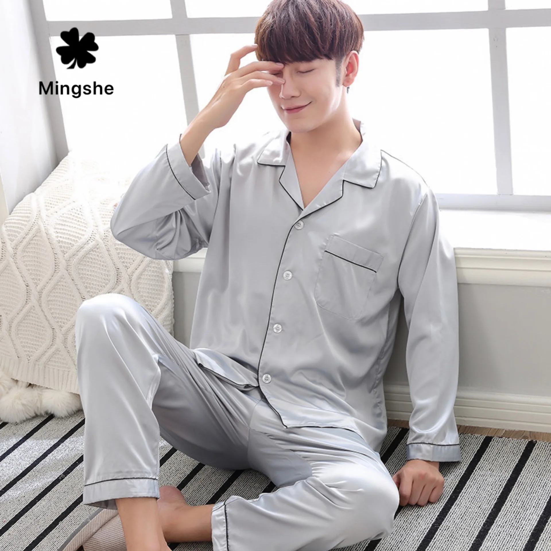 

Spring and autumn winter pajamas men's silk pajamas long-sleeved trousers ice silk thin section home service suit summer XL