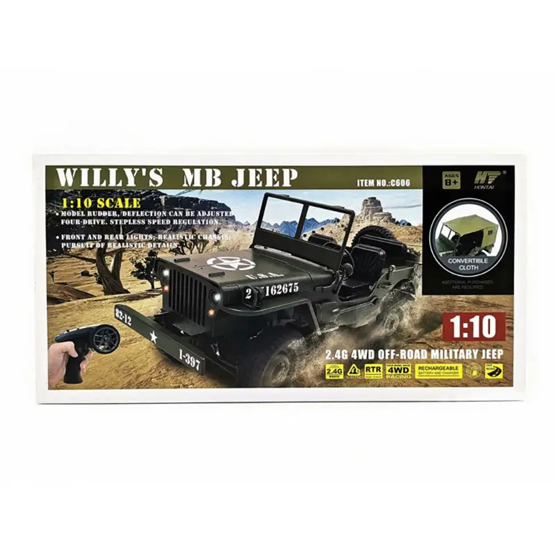 

1:10 RC Car Q65 C606 2.4G 4WD Convertible Remote Control Light Jeep Four-Wheel Drive Off-Road Military Climbing Car Toy Kid Gift