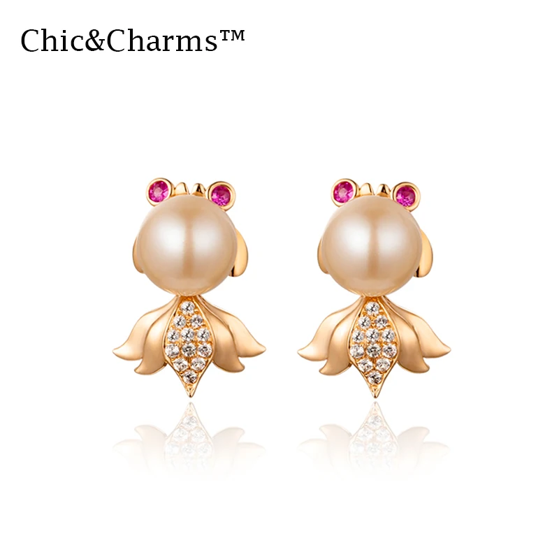 

Chic&Charms 9K&14K Real Colored Gemstone pearl earrings fashion earrings for women 2019 goldfish Chinese element