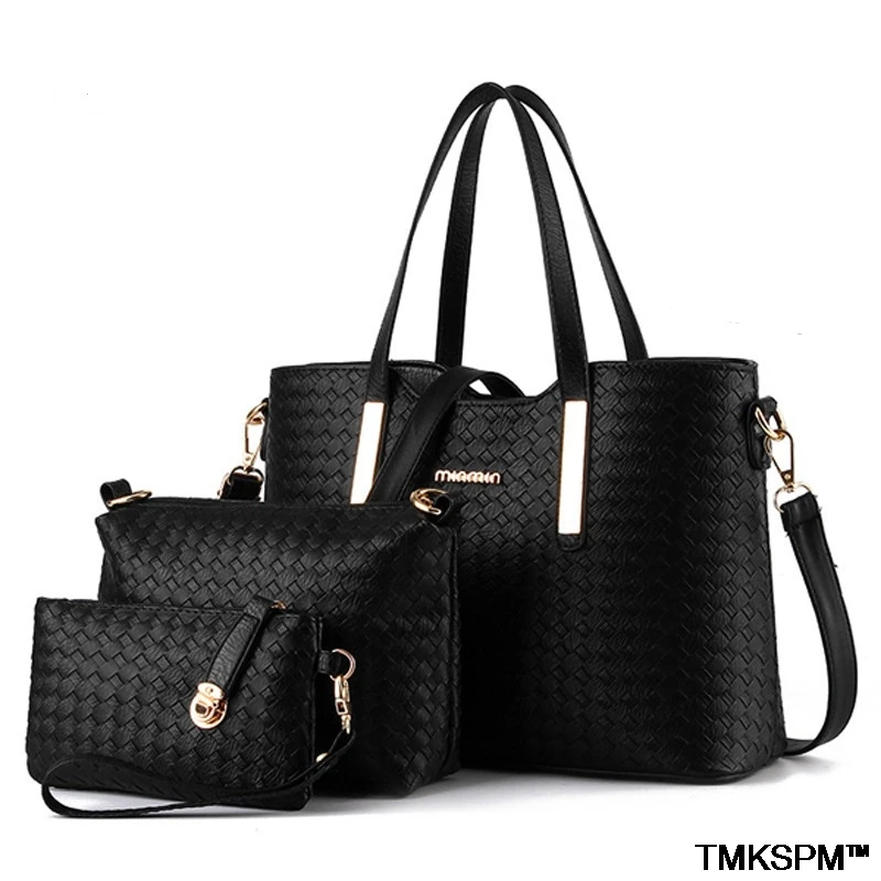 

Tmkspm handbags 3pcs one set knitting PU leather Big Capacity Female casual tote shoulder bag purse Fashion crossbody bag