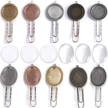 

Antique Bookmark Pendant Tray Kit 5pcs Metal Base Setting Mixed Color With 5pcs Glass Clear Cabochon DIY Bookmark Jewelry Making