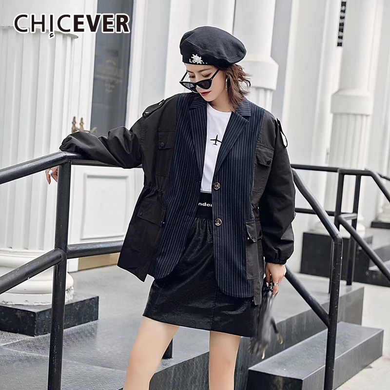 

CHICEVER Hit Color Patchwork Striped Women's Jacket Notched Lantern Sleeve Korean Casual Female Coats Autumn Fashion New 2019